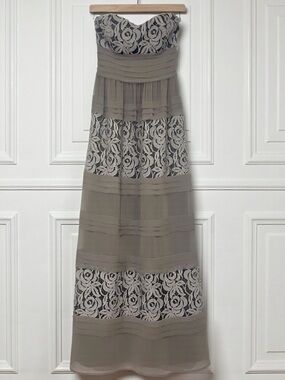 BCBG Generation Strapless Lace Chiffon Maxi Dress Gray Taupe Size S